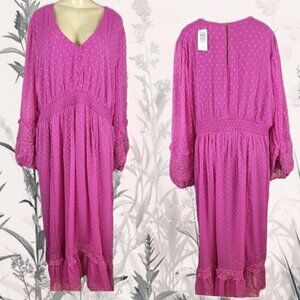 Festi +4 Pink V-Neck Sheer Lined Clip Dot Ruffle Detail Long Sleeve Maxi Dress